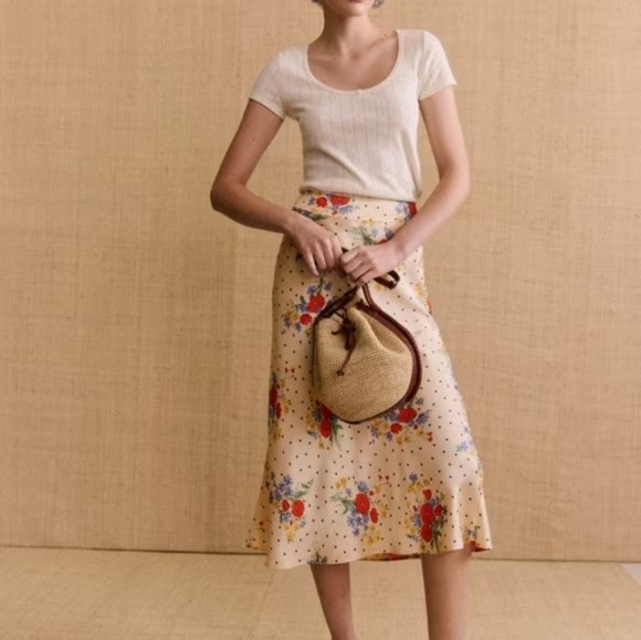 SEZANE  Woven Crochet Raffia & Leather Drawstring Crossbody Zelie Bucket Bag - Picture 4 of 11